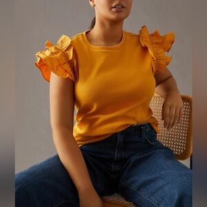 ANTHROPOLOGIE | Woven Ruffle Top | Mustard Yellow Ribbed | Size L